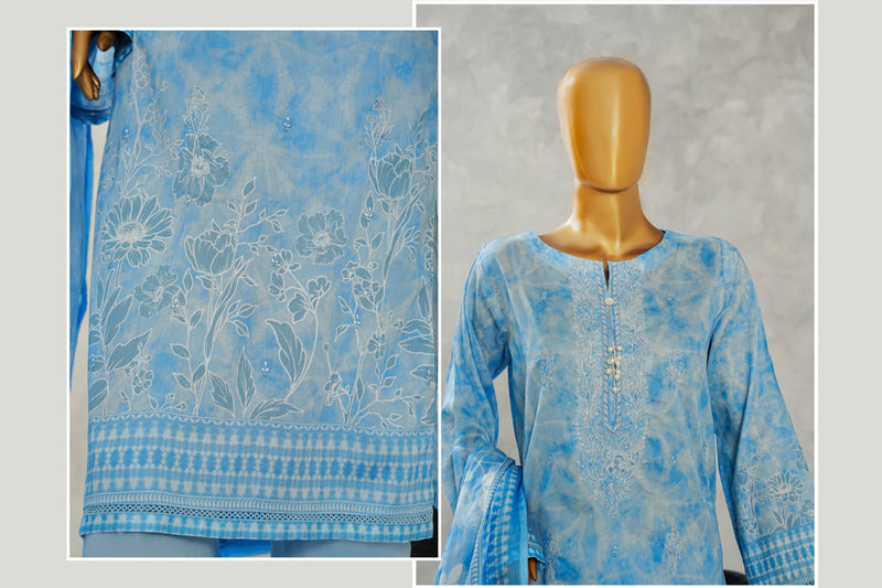 Lawn - Stitched Digital Printed Embroidered 3piece with Boring work - Light Blue