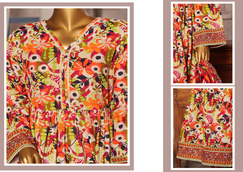 Khaddar - Stitched Printed 3piece Frock - Orange