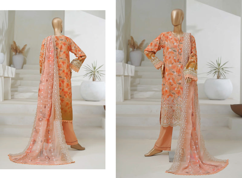 Lawn Chikankari - Stitched Embroidered 3piece with Cutwork and Embroidered Chiffon Dupatta - Orange