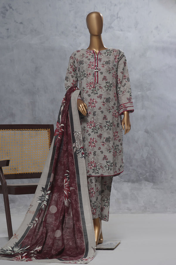 Khaddar - Stitched Printed 3 Piece Suit with Lace work - Cloudy Grey