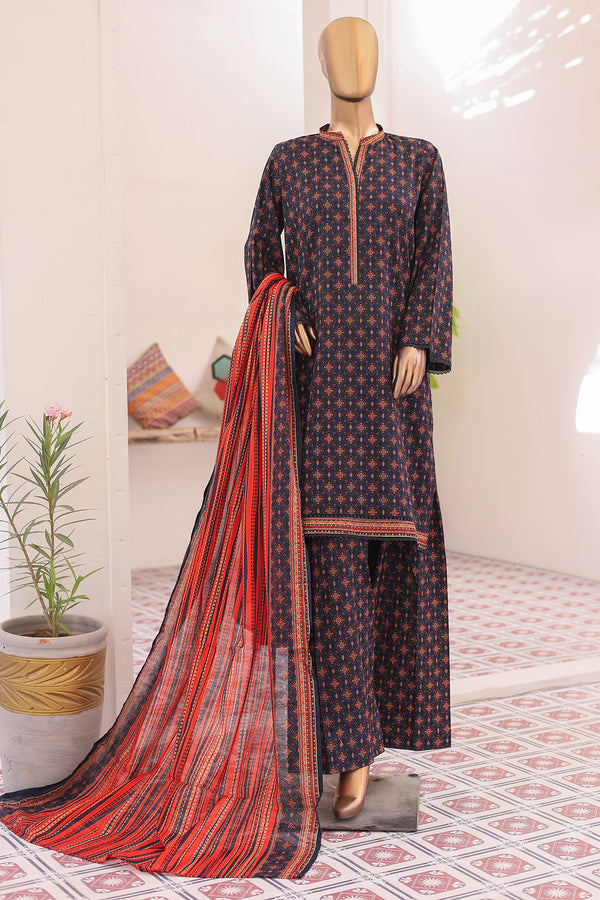 Lawn - Stitched printed 3piece with Farshi Shalwar - Dark Blue