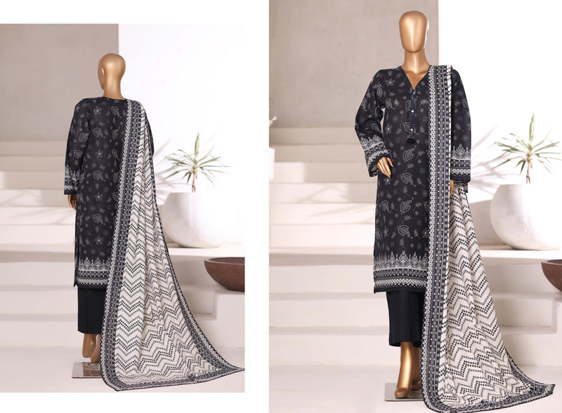 Khaddar - Stitched printed 3piece with Lace work - Black