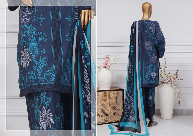 Lawn - Stitched Printed 3 piece with Chiffon Dupatta - Midnight Blue
