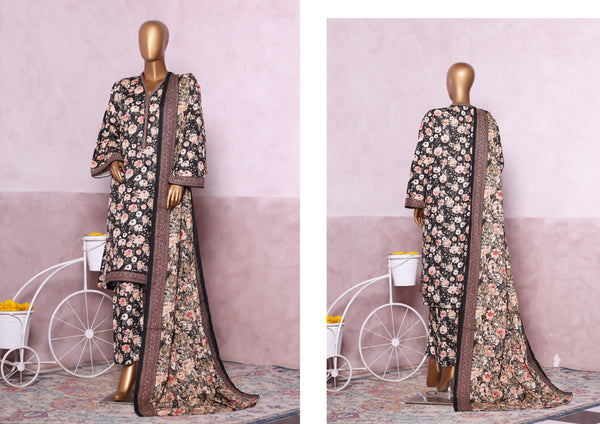 Khaddar - Stitched printed 3piece with Lace work - Black & White