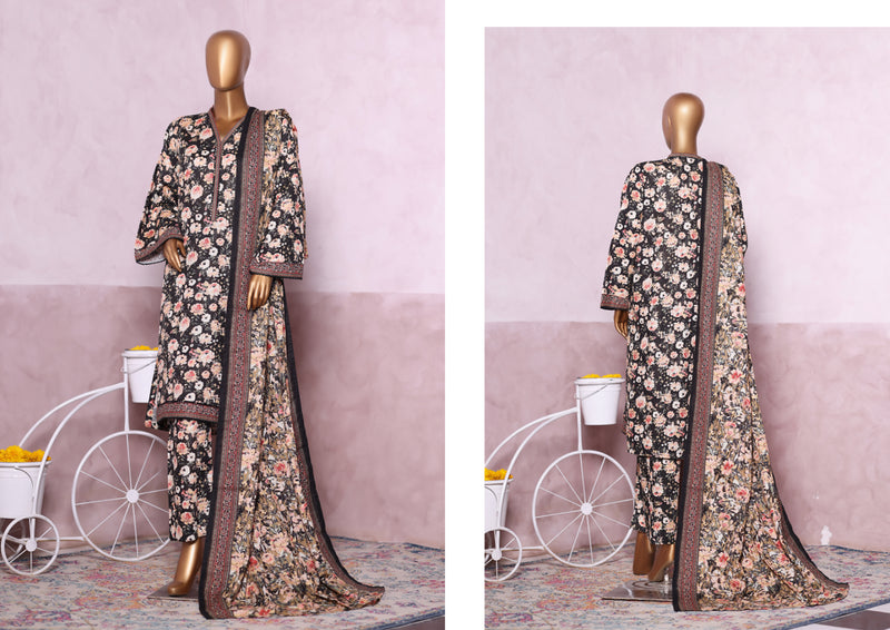 Khaddar - Stitched printed 3piece with Lace work - Black & White