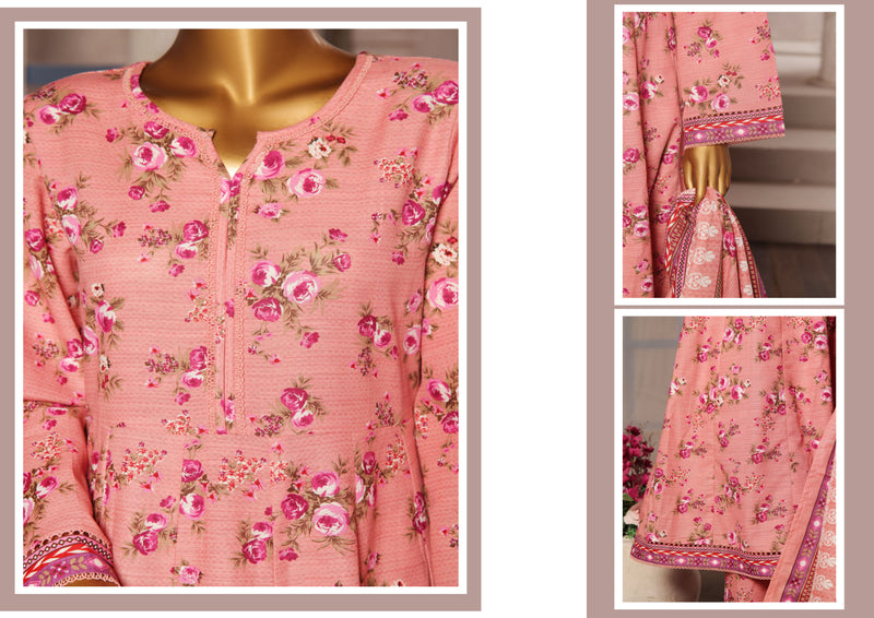 Khaddar - Stitched Printed 3piece Frock - Pink