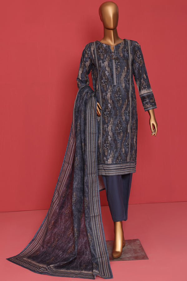 Khaddar - Stitched printed 3piece ready to wear - Marble Blue