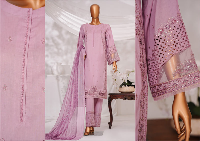 Cambric | Cotton - Stitched Embroidered Printed 3piece with Nannokara Dupatta - Tea Pink
