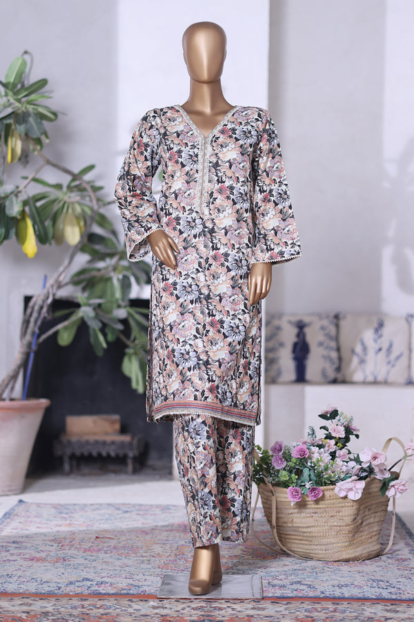 Khaddar Co-Ords - Stitched printed Kurti & trouser with Lace work - Light Pink