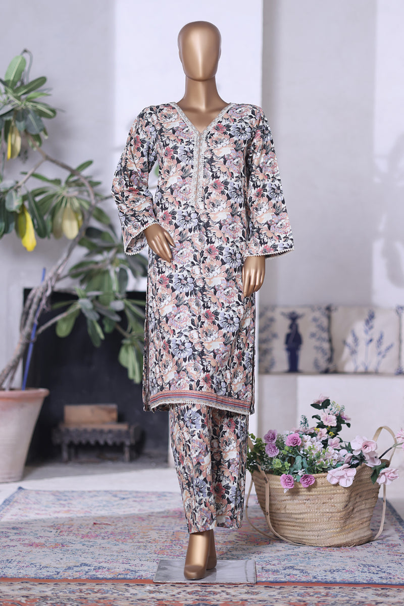 Khaddar Co-Ords - Stitched printed Kurti & trouser with Lace work - Light Pink