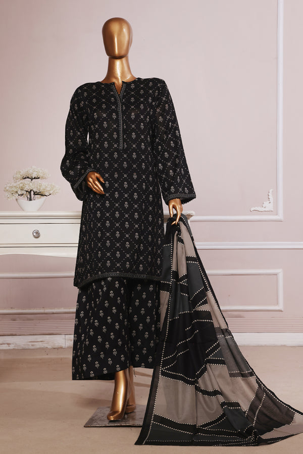 Lawn - Stitched printed 3piece with Farshi Shalwar - Black