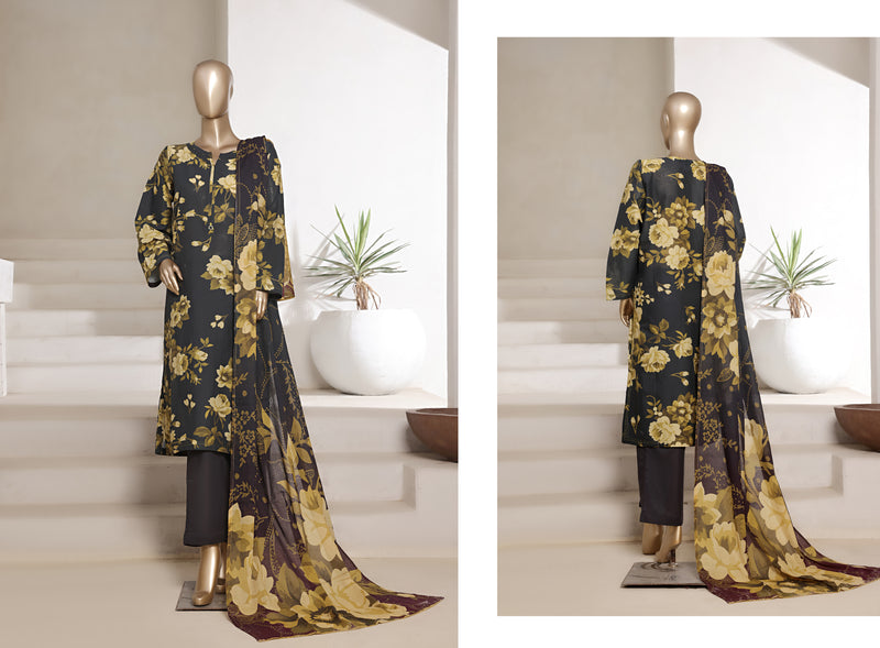 Lawn - Stitched printed 3piece with Lace work - Black & Yellow