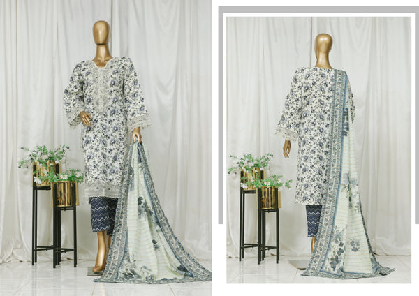 Lawn - Stitched Embroidered 3piece with Lace work - Off White