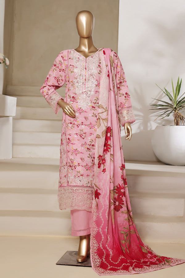 Lawn - Stitched Digital Printed Embroidered 3piece with Lace work - Pink