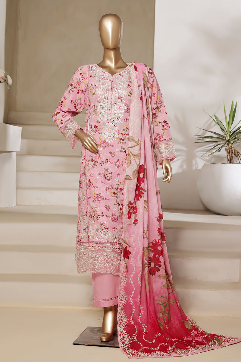 Lawn - Stitched Digital Printed Embroidered 3piece with Lace work - Pink