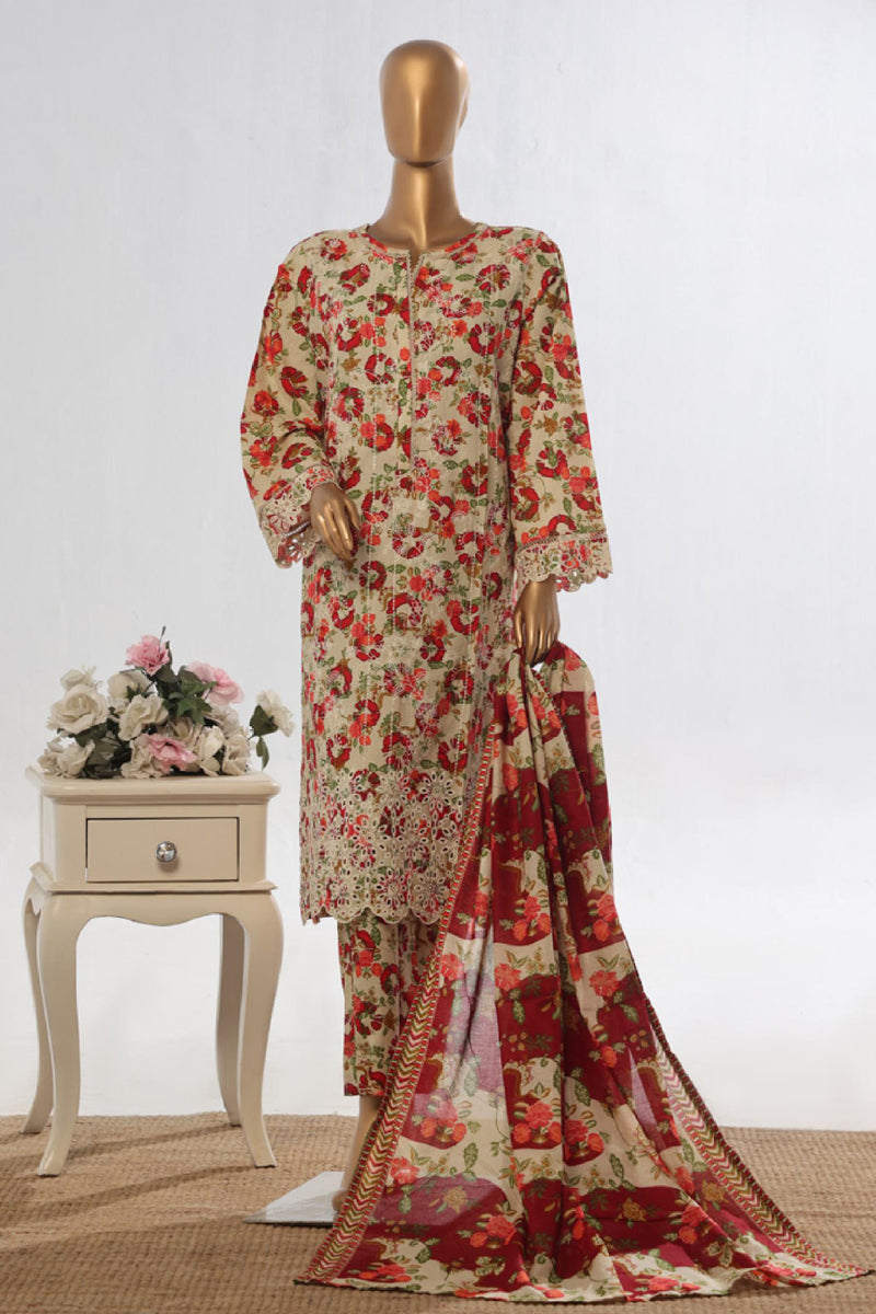 Lawn - Stitched Embroidered 3piece with Lace work - Skin