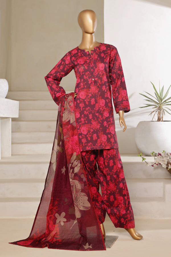 Lawn - Stitched printed 3piece with Farshi shalwar - Red