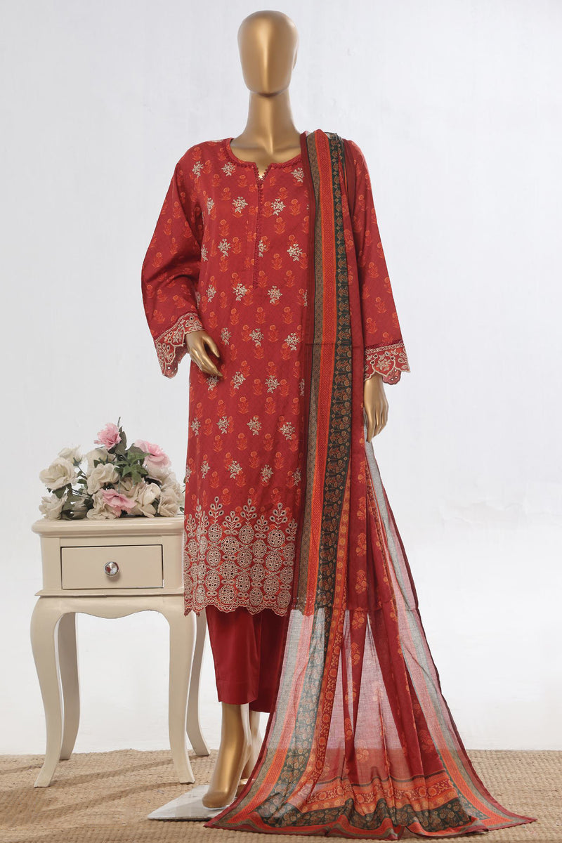 Lawn - Stitched Embroidered 3piece with Lace work - Red