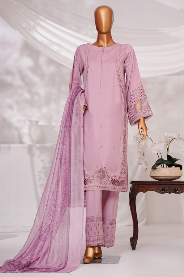 Cambric | Cotton - Stitched Embroidered Printed 3piece with Nannokara Dupatta - Tea Pink