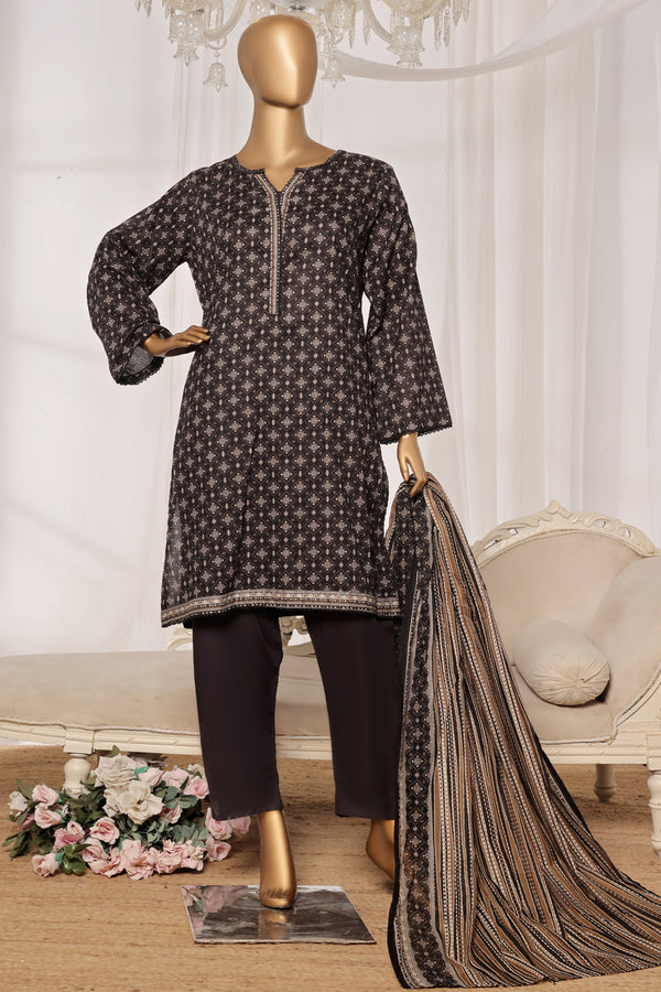 Lawn - Stitched printed 3piece with Lace work - Black