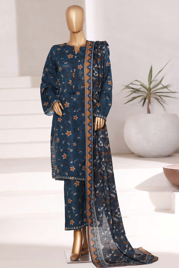 Khaddar - Stitched Embroidered 3piece collection with Lace work - Dark Blue