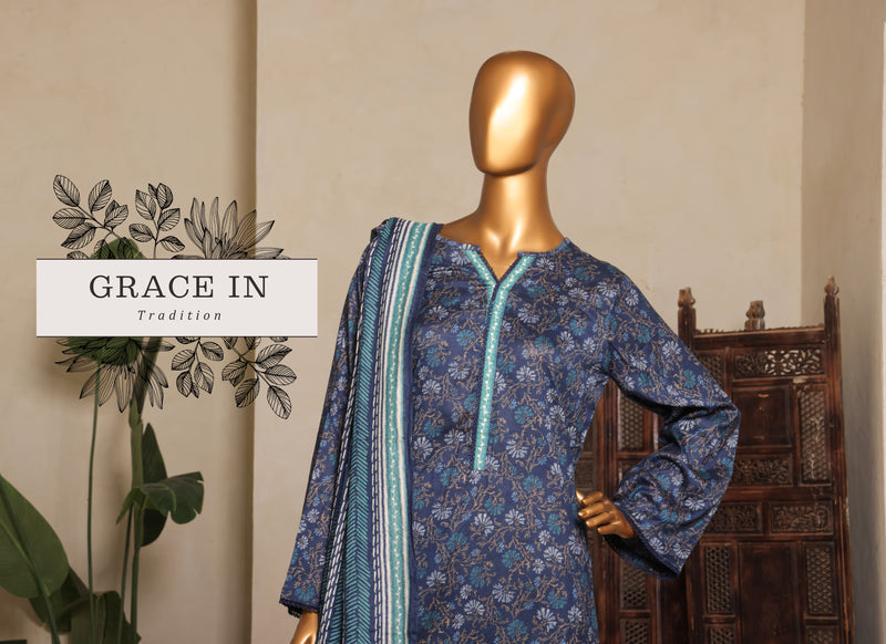 Lawn - Stitched printed 3piece with Lace work - Blue