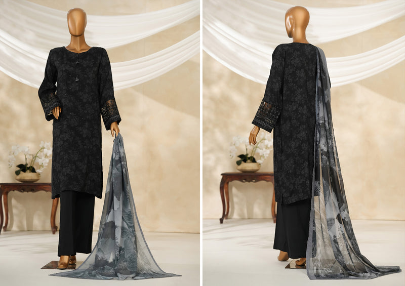 Cambric | Cotton - Stitched printed embroidered silk 3piece with Boring, Cutwork & Mirror work - Shadow