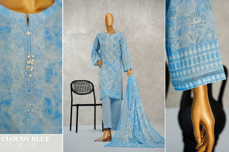 Lawn - Stitched Digital Printed Embroidered 3piece with Boring work - Light Blue