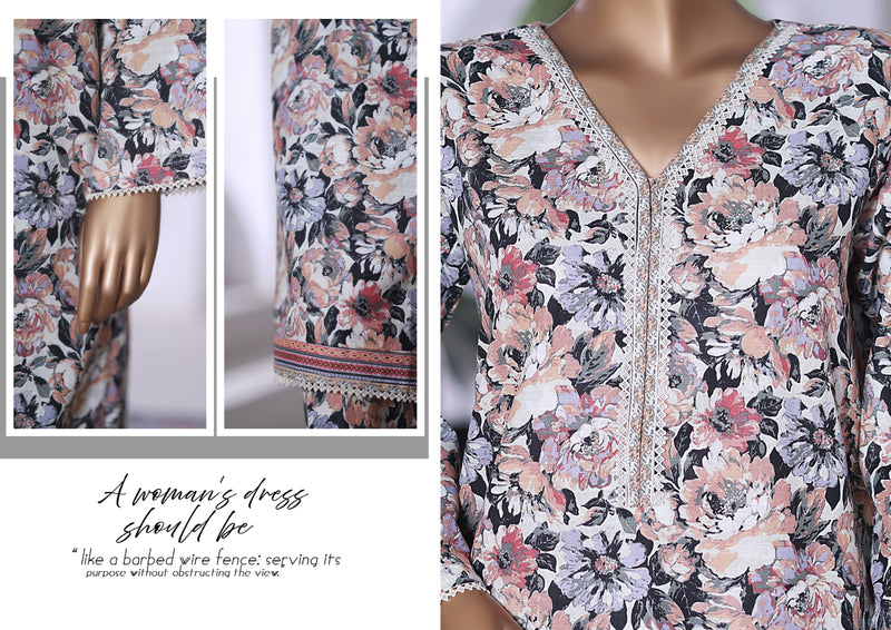 Khaddar Co-Ords - Stitched printed Kurti & trouser with Lace work - Light Pink