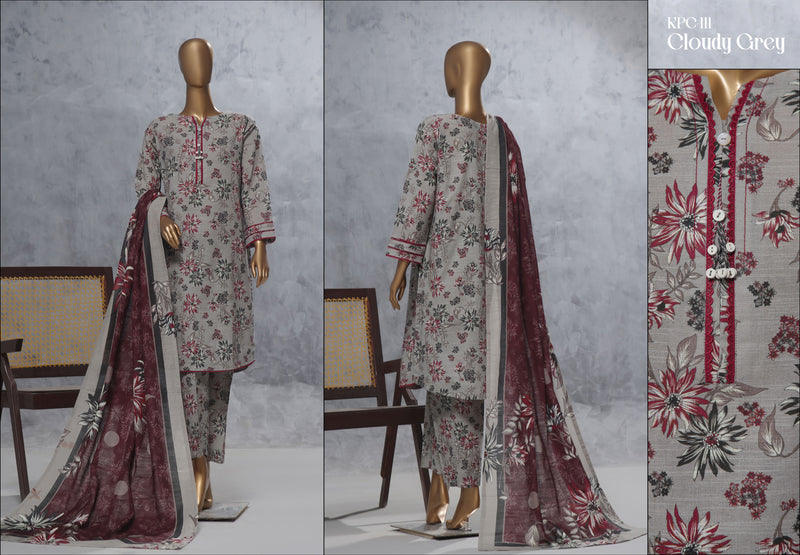 Khaddar - Stitched Printed 3 Piece Suit with Lace work - Cloudy Grey