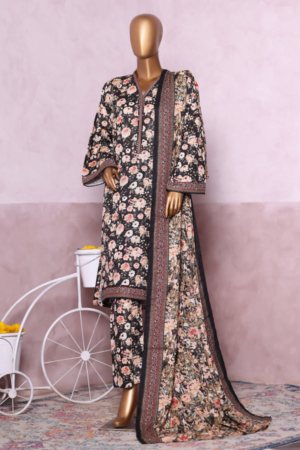 Khaddar - Stitched printed 3piece with Lace work - Black & White