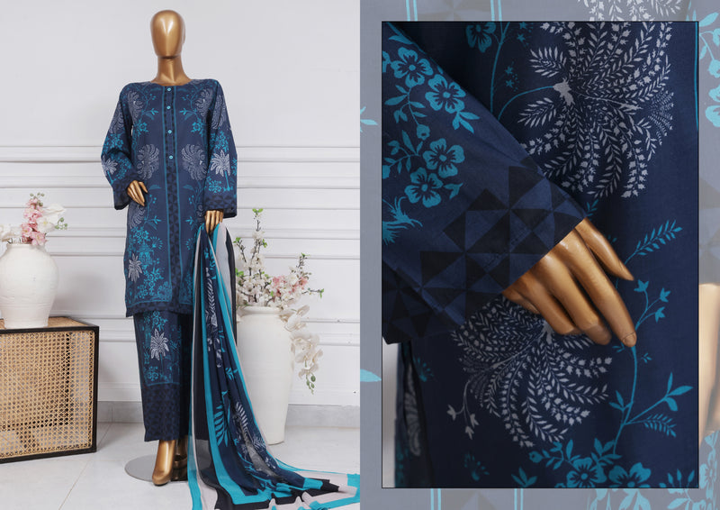 Lawn - Stitched Printed 3 piece with Chiffon Dupatta - Midnight Blue