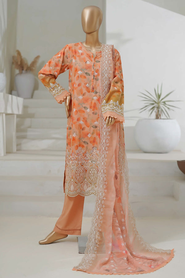 Lawn Chikankari - Stitched Embroidered 3piece with Cutwork and Embroidered Chiffon Dupatta - Orange