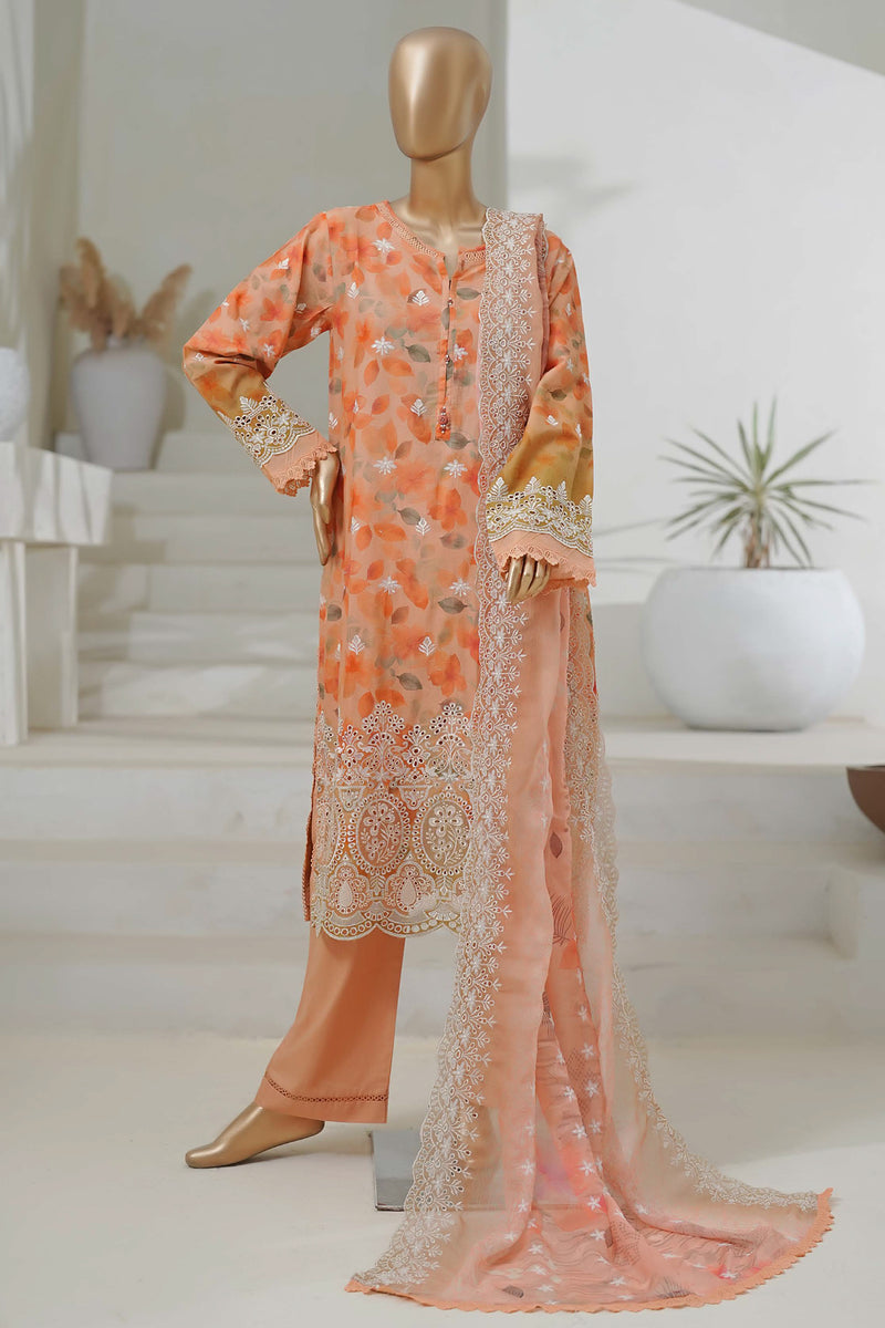 Lawn Chikankari - Stitched Embroidered 3piece with Cutwork and Embroidered Chiffon Dupatta - Orange