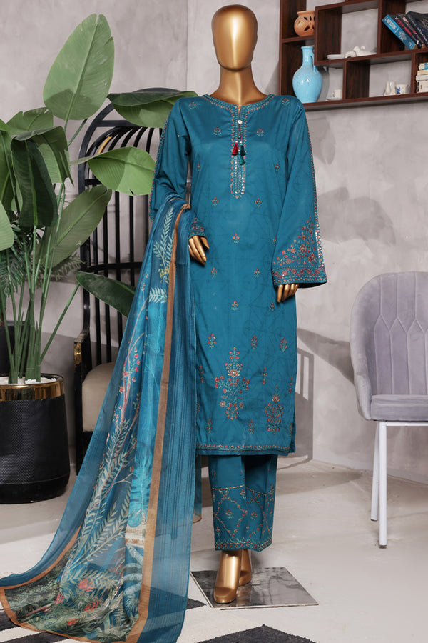Lawn - Stitched Self Jacqaurd Embroidered 3piece with Emb trouser - Teal