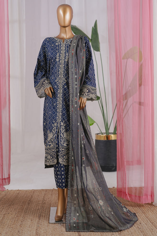 Lawn - Stitched Embroidered 3piece with Zari work & Lace work - Navy Blue