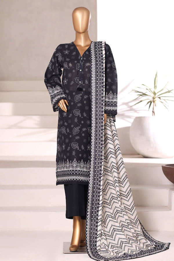 Khaddar - Stitched printed 3piece with Lace work - Black