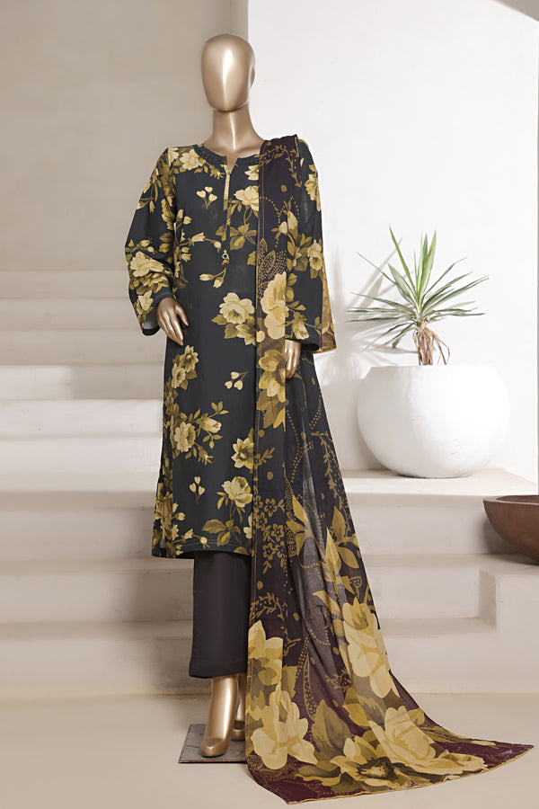 Lawn - Stitched printed 3piece with Lace work - Black & Yellow
