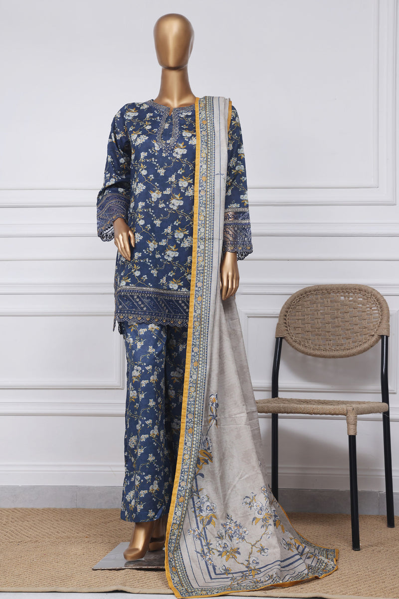 Lawn - Stitched Festive Embroidered 3piece with Plazo - Blue