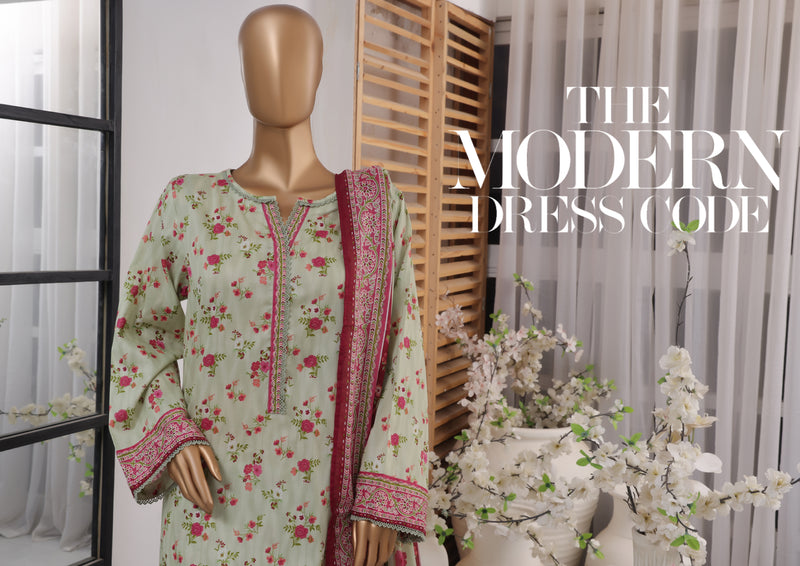 Lawn - Stitched printed 3piece with Farshi Shalwar - Light Green