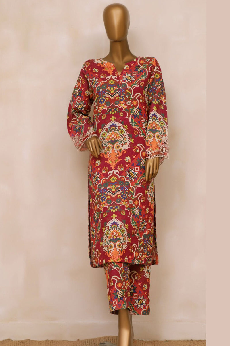 Karandi Co-ords - Stitched Printed Kurti & Trouser with Embroidered Cutwork on Sleeves - Maroon