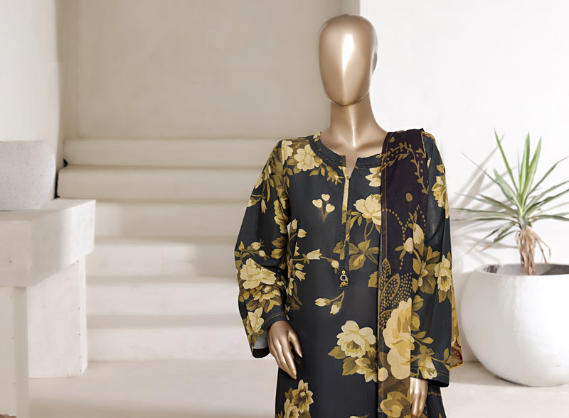 Lawn - Stitched printed 3piece with Lace work - Black & Yellow