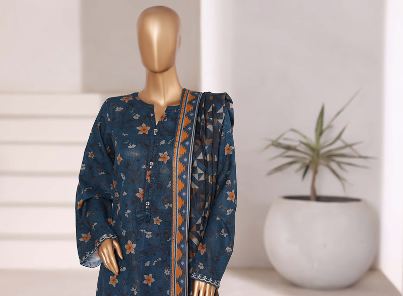 Khaddar - Stitched Embroidered 3piece collection with Lace work - Dark Blue