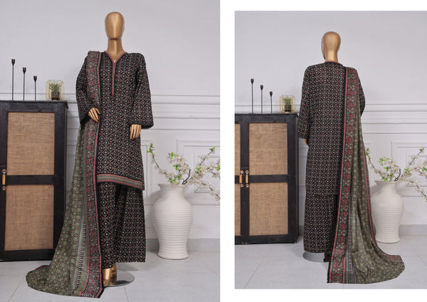 Lawn - Stitched printed 3piece with Farshi Shalwar - Black