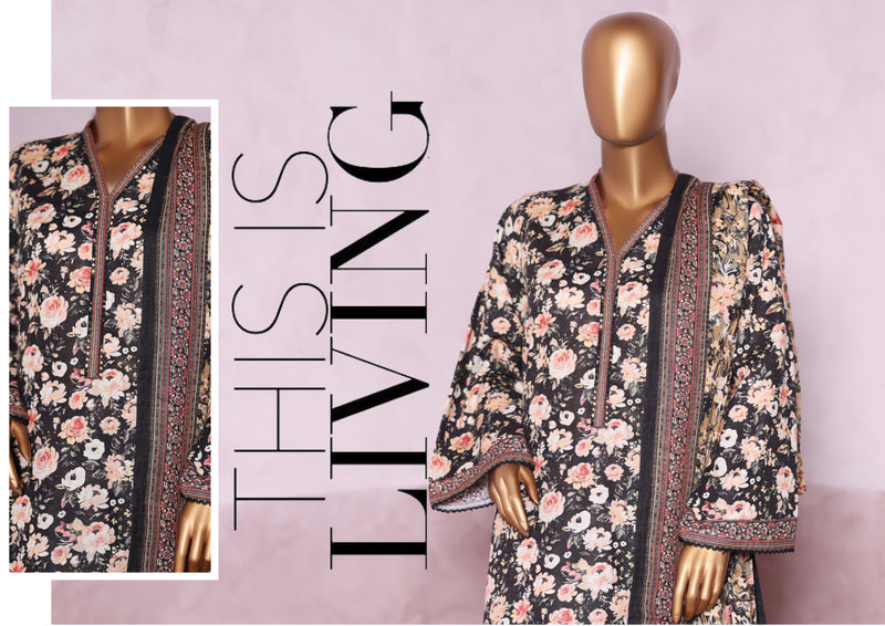 Khaddar - Stitched printed 3piece with Lace work - Black & White