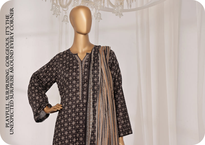 Lawn - Stitched printed 3piece with Lace work - Black