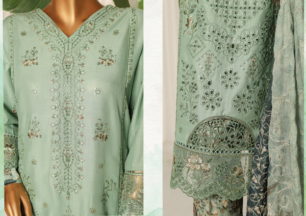 Lawn - Stitched Embroidered 3piece with printed Back & Printed trouser & Emb Dupatta - Green