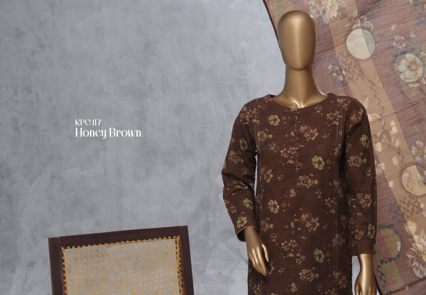 Khaddar - Stitched Printed 3 Piece Suit with Lace work - Honey Brown