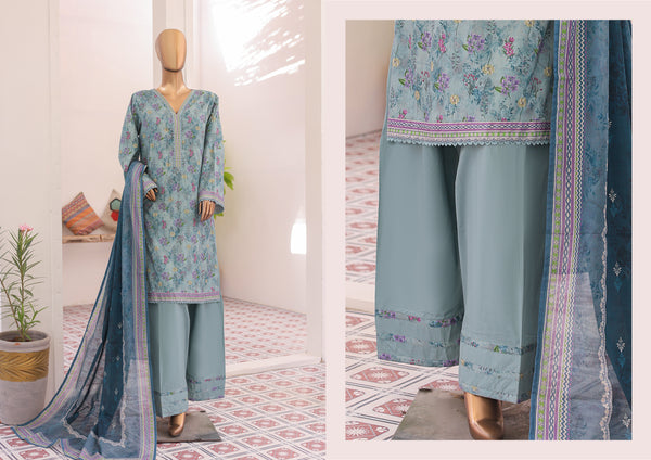 Lawn - Stitched printed 3piece with Farshi Shalwar - Dull Blue