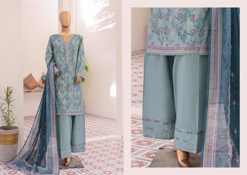 Lawn - Stitched printed 3piece with Farshi Shalwar - Dull Blue
